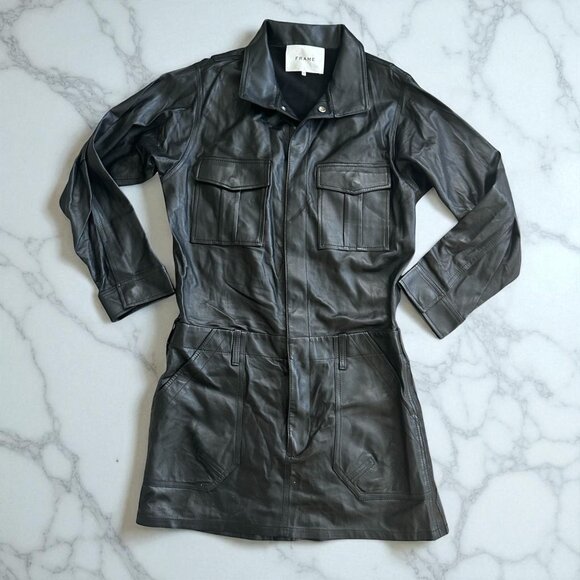 FRAME Black Leather Long Sleeve Mini Dress Size Small - Picture 1 of 8